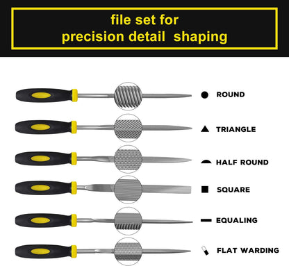 Hand Metal Needle File Set, 6 Pieces Hardened Alloy Strength Steel Set Includes Flat, Flat Warding, Square, Triangular, Round, and Half-Round File