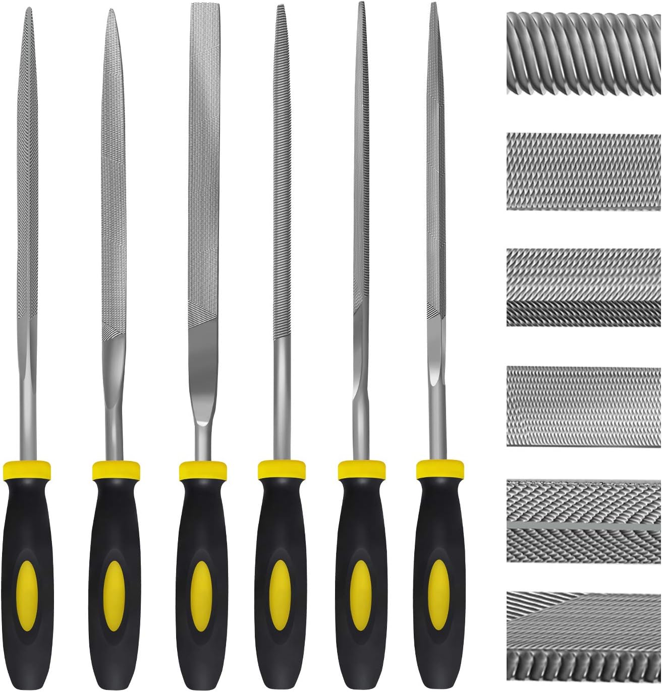 Hand Metal Needle File Set, 6 Pieces Hardened Alloy Strength Steel Set Includes Flat, Flat Warding, Square, Triangular, Round, and Half-Round File