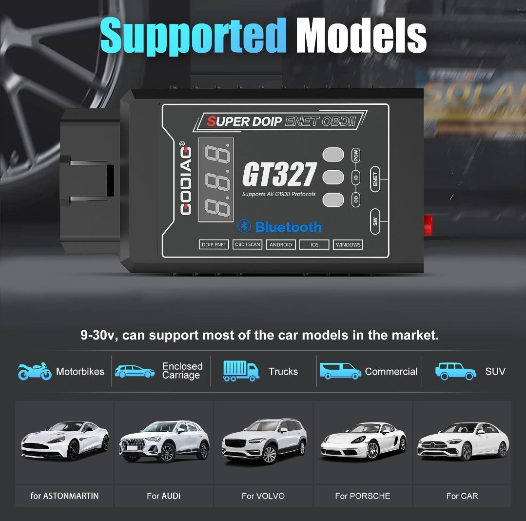 GODIAG GT327 SUPER ELM327v1.5 Bluetooth 4.0 OBDII Scanner Support DOIP ENET with Voltage Display for iOS/ Android/ Windows