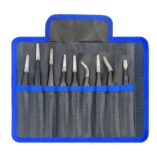 9 Piece Anti-static ESD Stainless Steel Precision Tweezers set. Curved, and Straight